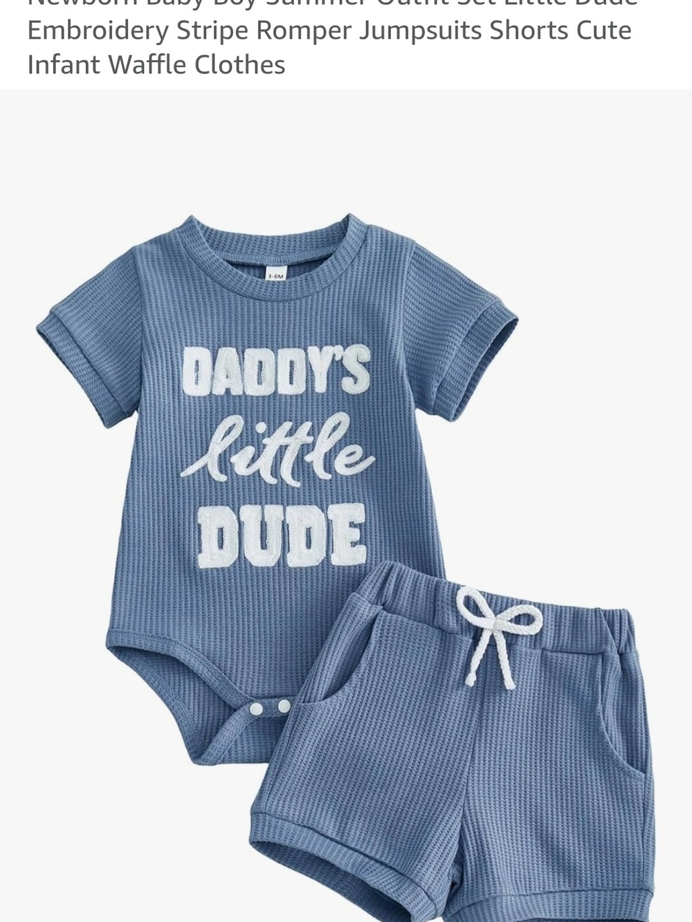 Blue Waffle Knit Baby Romper Set with White Raised Letters